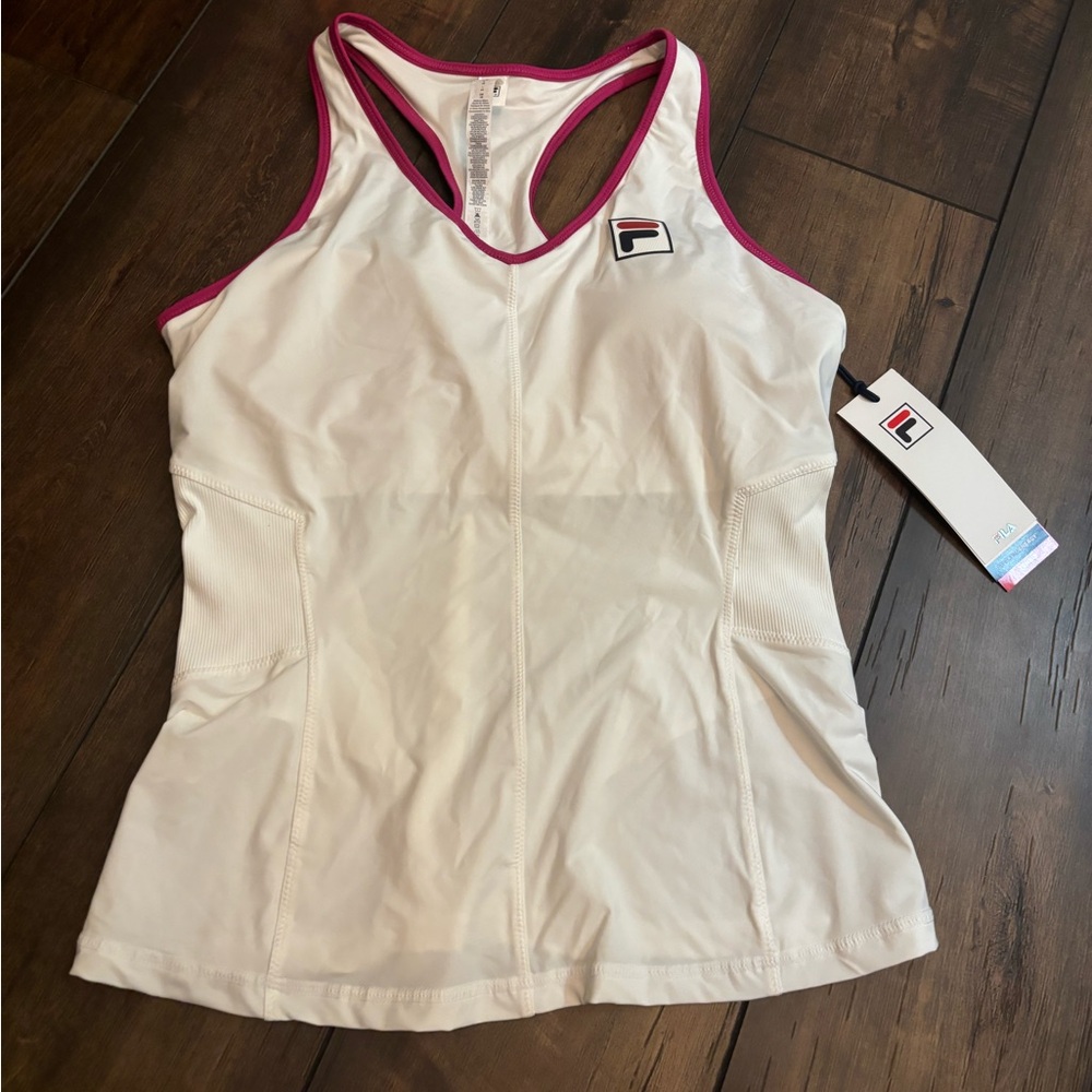 NWT Fila white work out top with built in bra tennis pickle ball Wimbledon club